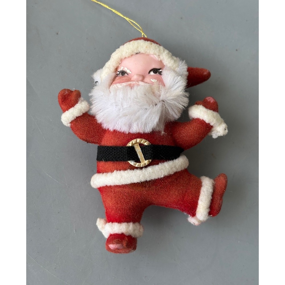 Vintage Mid Century Flocked Santa Claus Christmas Ornament Red White